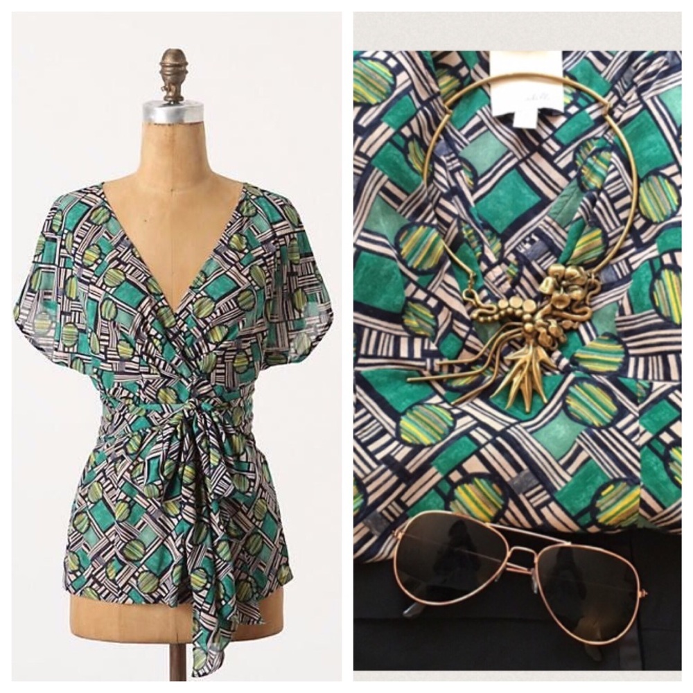 Anthropologie Odille Tie Waist Geometric Print Kimono sleeve top